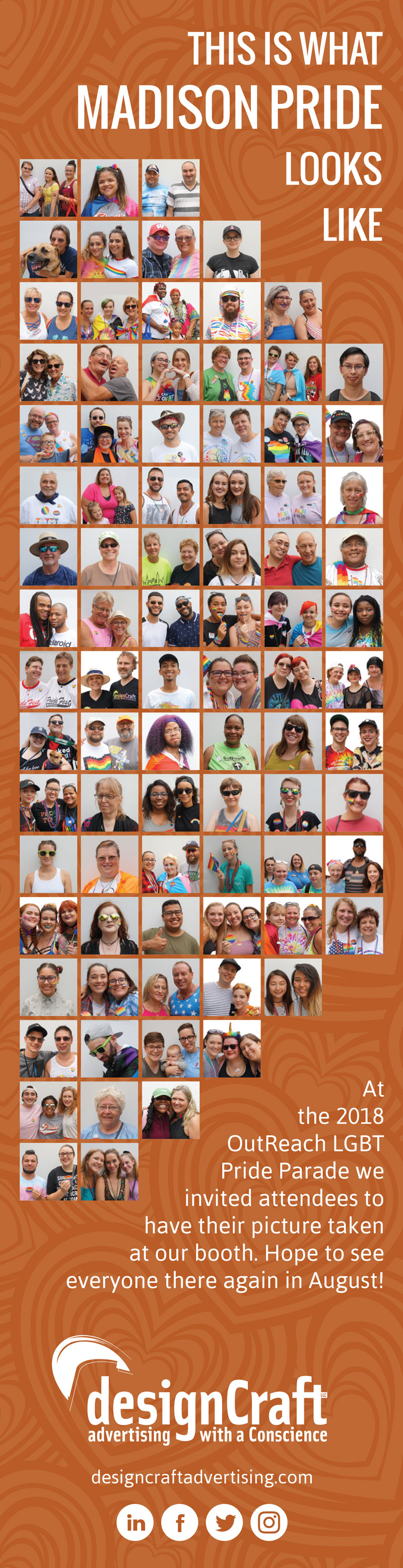 designCraft Advertising Pride ad. Ad text: This is what Madison pride looks like. At the 2018 OutReach LGBT Pride Parade we invited attendees to have their picture taken at our booth. Hope to see everyone there again in August!