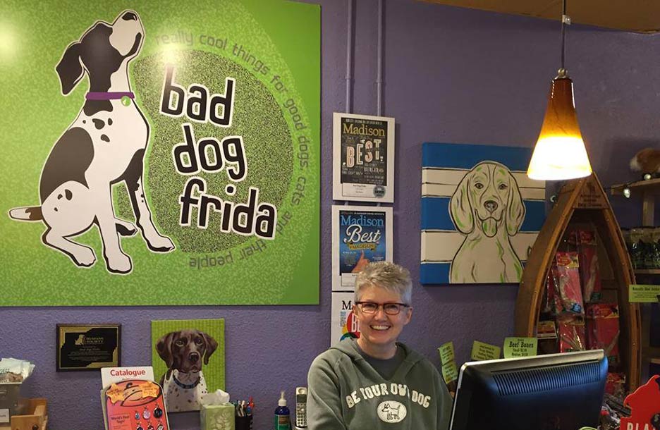 Photo of Bad Dog Frida logo mug on desk