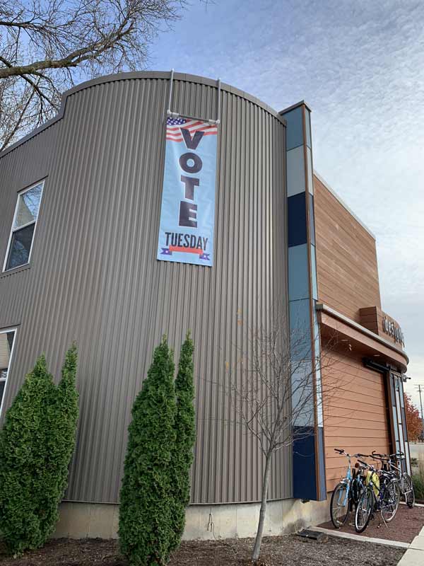 Photo of vote banner on designCraft building exterior