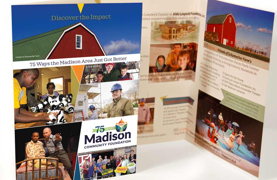 Photo of Madison Community Foundation brochure entitled 75 Ways the Madison Area Just Got Better